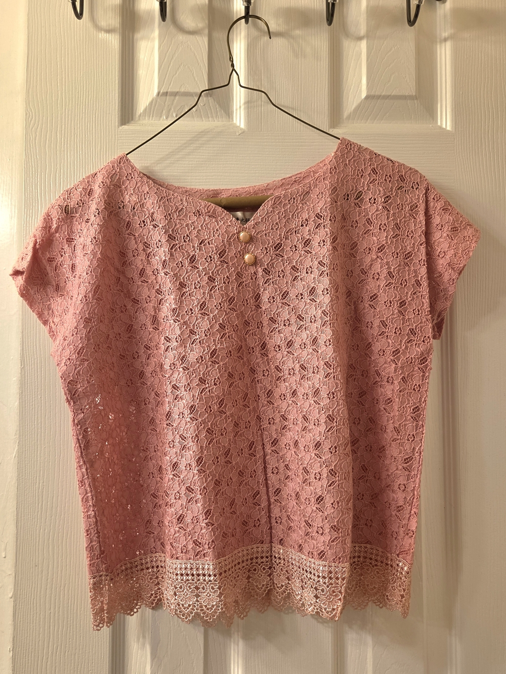 Lace Crochet Short Sleeve Top - Pink